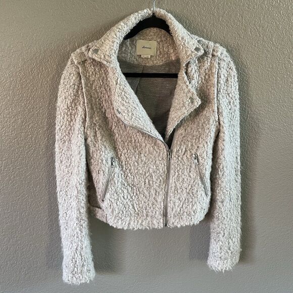 Anthropologie Elevenses Northland  Moto Jacket Womens XS Beige Boucle Knit - Picture 2 of 11